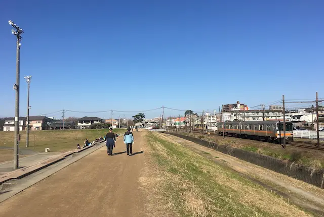 坪井川緑地の土手と電車