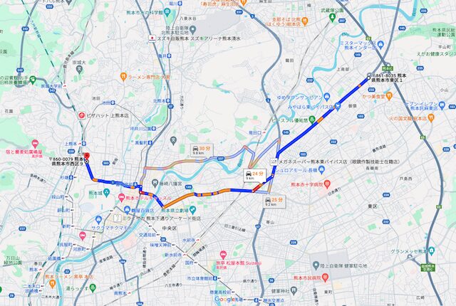 熊本インターチェンジから熊本県立体育館までのルート