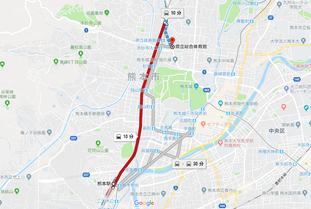 熊本駅から熊本県立体育館までのルート